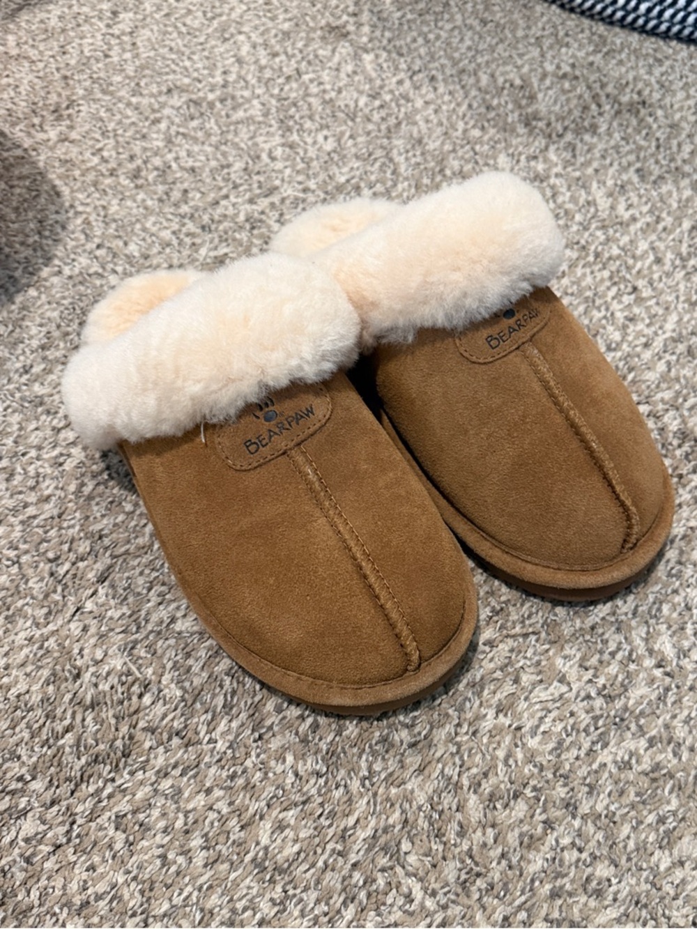 BearPaw Chestnut Suede Slip-On Slippers with Cream Shearling Cuff